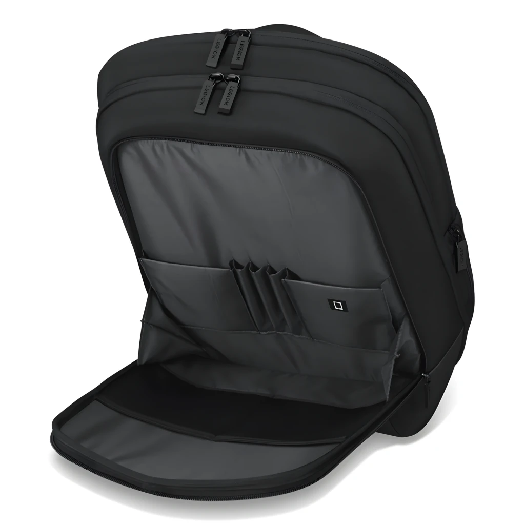 Lenovo Mochila Legion Armored II 17.3 polegadas Preto, vista frontal lateral: carcaça rígida com logo Legion, bolso lateral - Item6