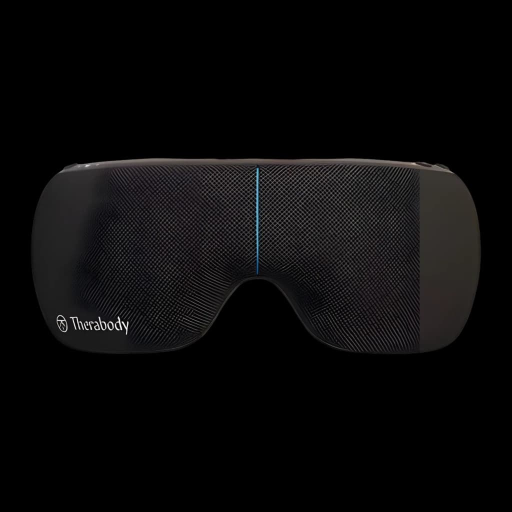 Therabody TheraGun SmartGoggles 2.0 noir, vue de face: extérieur texturé avec ligne bleue centrale et logo Therabody