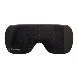 Therabody TheraGun SmartGoggles 2.0 noir, vue de face: extérieur texturé avec ligne bleue centrale et logo Therabody