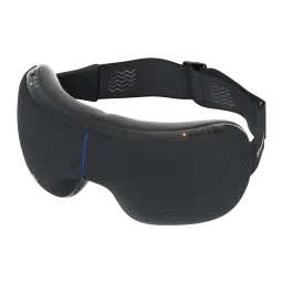 Therabody TheraGun SmartGoggles 2.0 noir, vue avant en angle: texture maille, liseré bleu latéral et boutons de contrôle