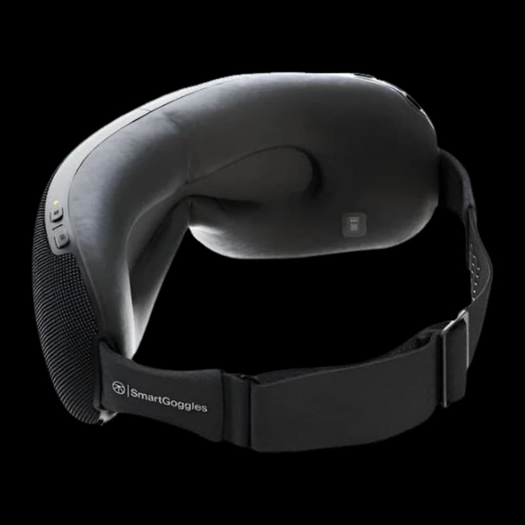 Therabody TheraGun SmartGoggles 2.0 noir, vue arrière: coussins intérieurs rembourrés, logo SmartGoggles sur sangle élastique
