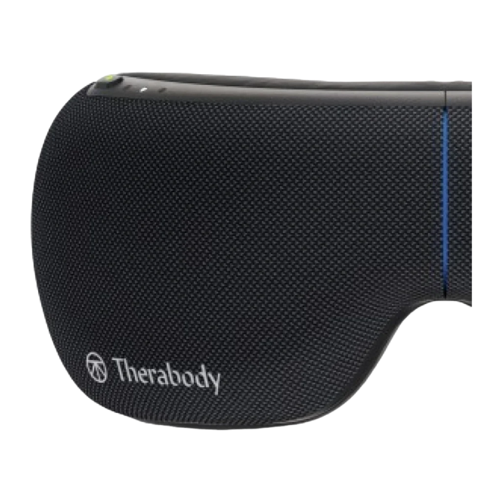 Therabody TheraGun SmartGoggles 2.0 preto, vista frontal: exterior texturizado com linha azul central e logótipo Therabody - Item3
