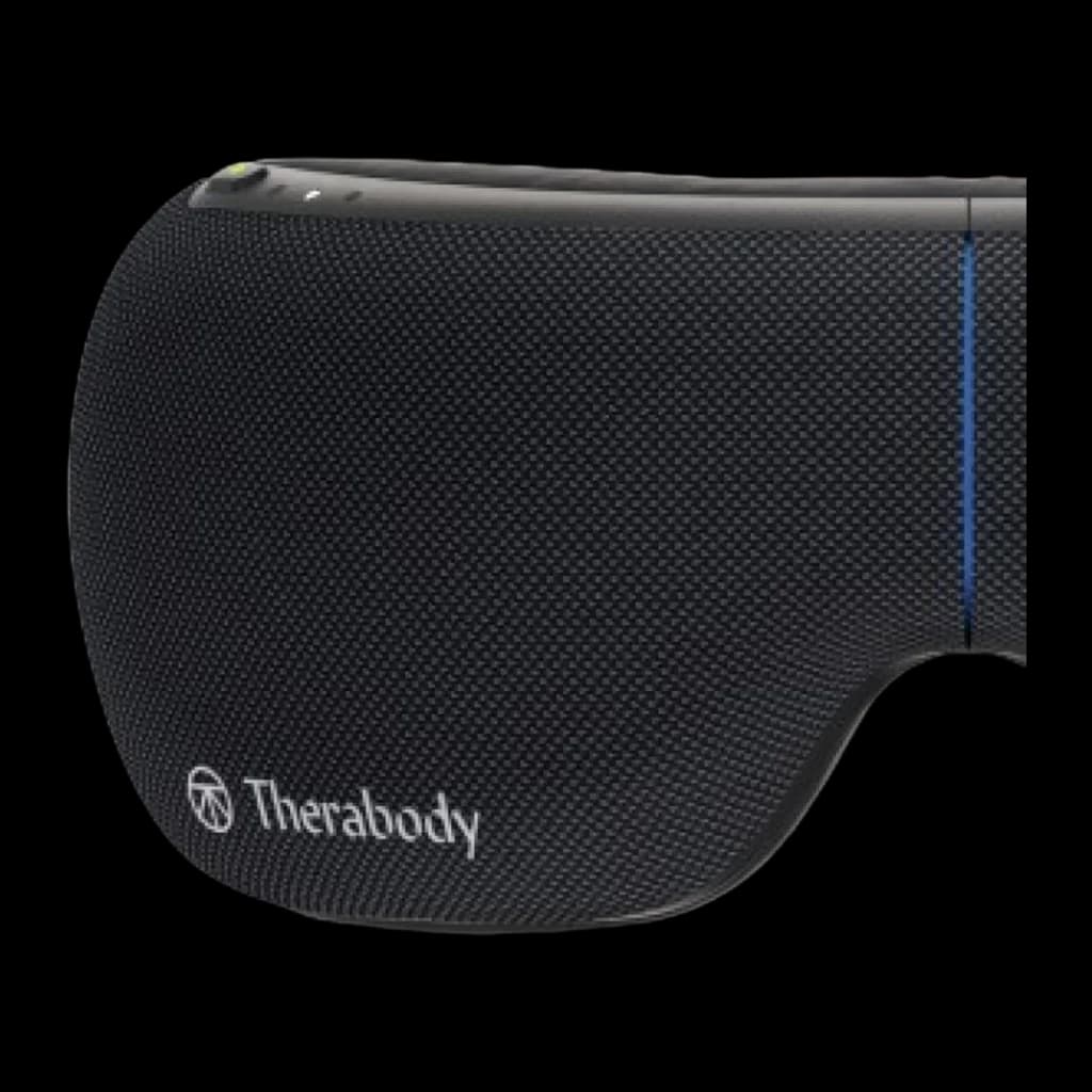 Therabody TheraGun SmartGoggles 2.0 noir, détail latéral: logo Therabody sur maille, liseré bleu séparateur et LED indicateur