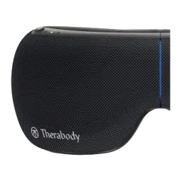 Therabody TheraGun SmartGoggles 2.0 noir, détail latéral: logo Therabody sur maille, liseré bleu séparateur et LED indicateur