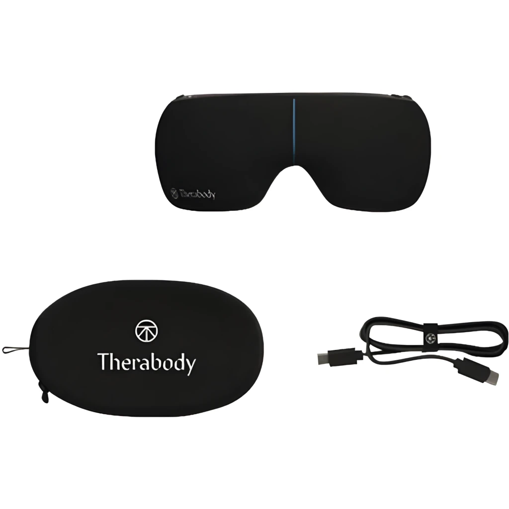 Therabody TheraGun SmartGoggles 2.0 preto, vista frontal: exterior texturizado com linha azul central e logótipo Therabody - Item5
