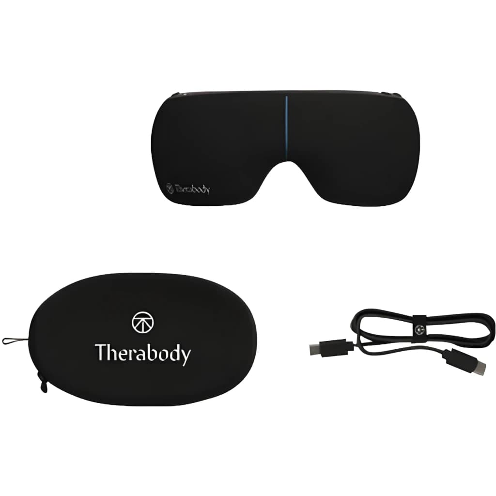 Therabody TheraGun SmartGoggles 2.0 Noir, contenu boîte: lunettes massantes, étui noir avec logo et câble USB-C
