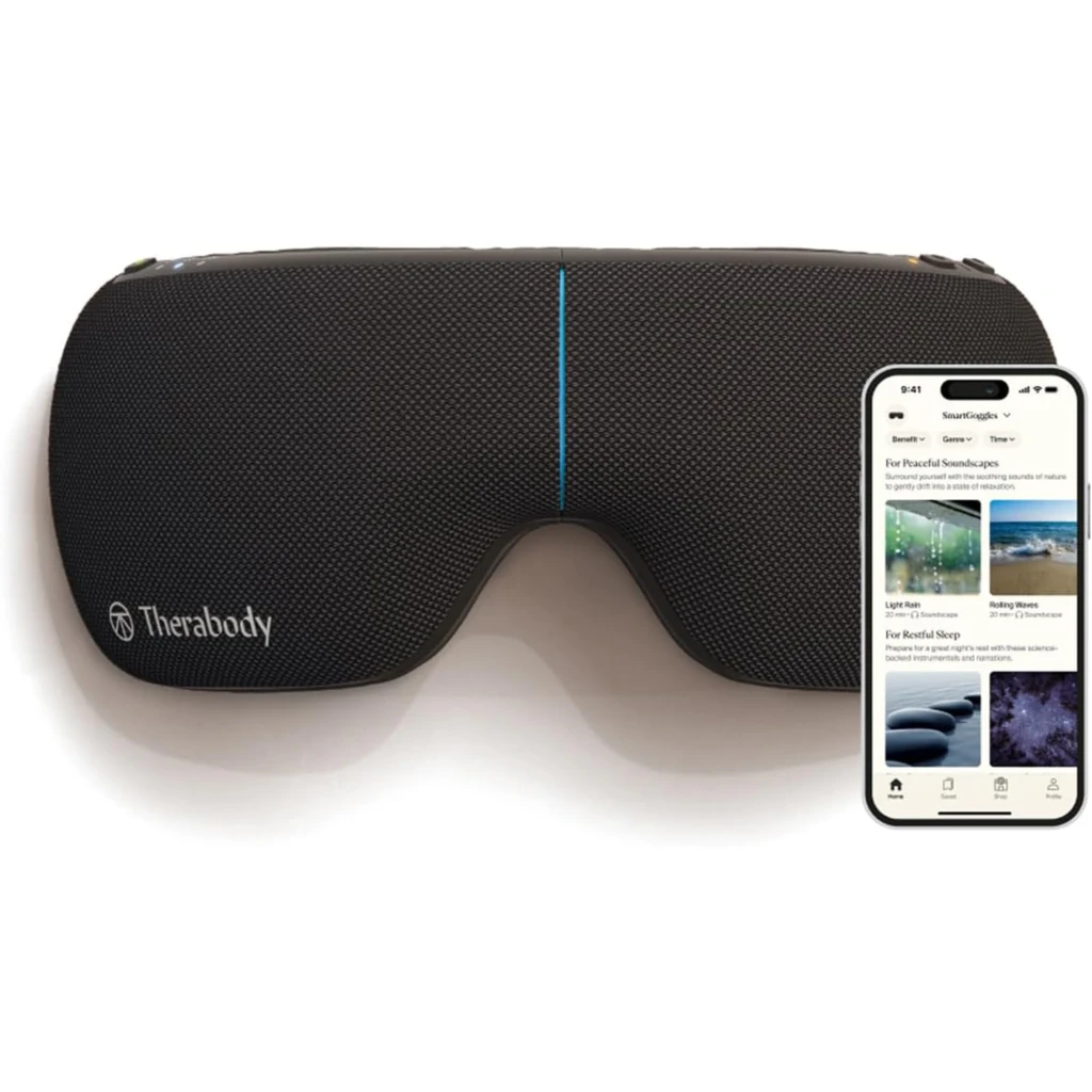 Therabody TheraGun SmartGoggles 2.0 preto, vista frontal: exterior texturizado com linha azul central e logótipo Therabody - Item7