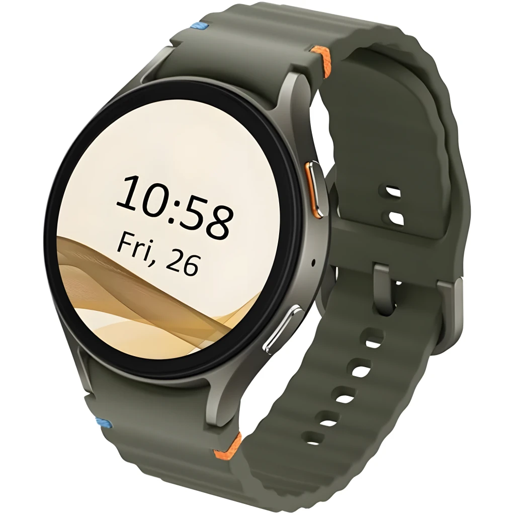 Samsung Galaxy Watch 7 44mm Verde, vista frontal en ángulo: esfera verde lima con número 7, correa silicona verde con - Ítem1
