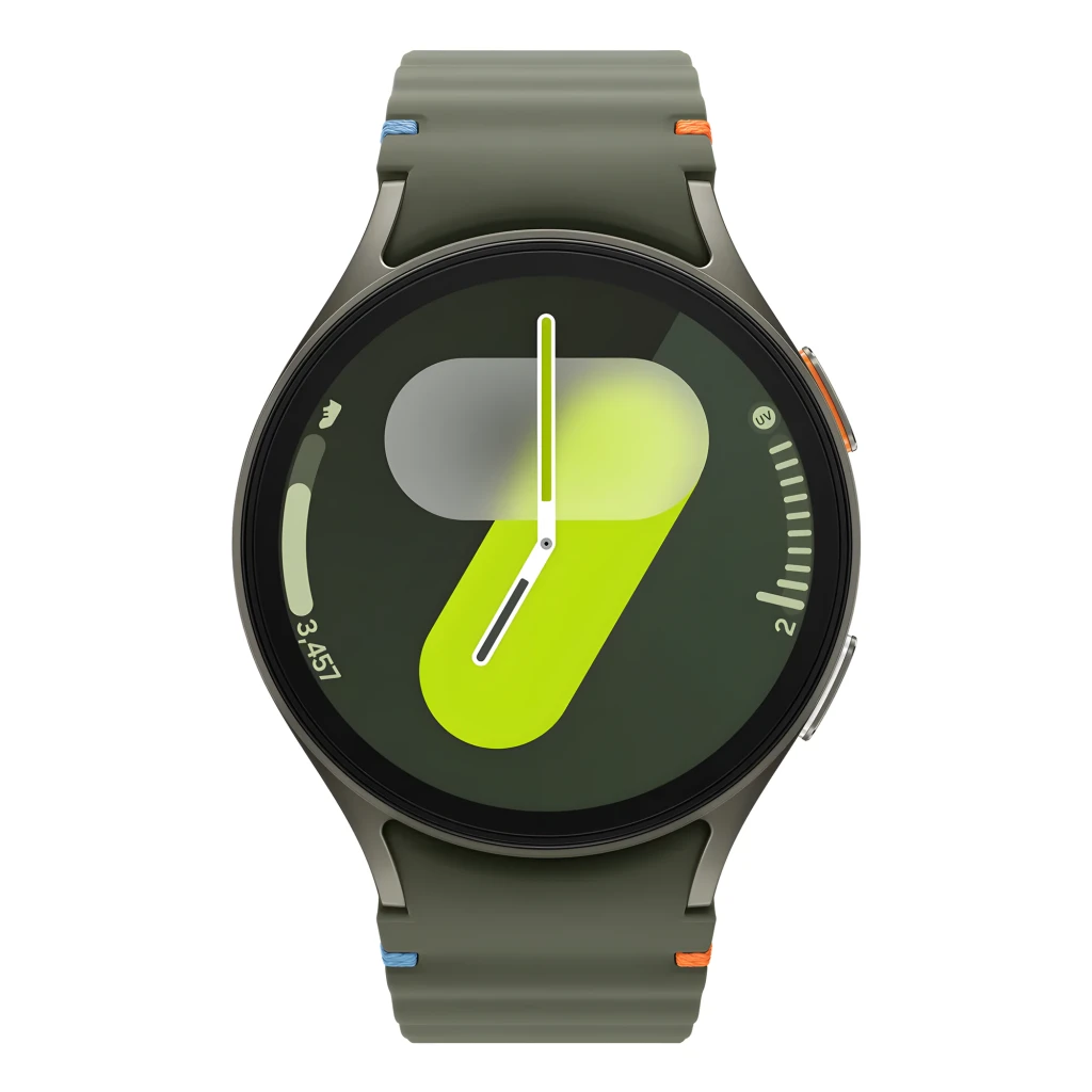 Samsung Galaxy Watch 7 44mm Verde, vista frontal en ángulo: esfera verde lima con número 7, correa silicona verde con - Ítem2