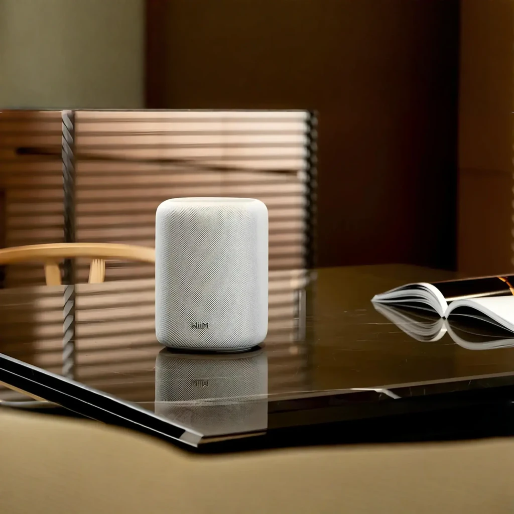 WiiM Sound Lite Blanco, vista frontal: cuerpo cilíndrico con rejilla de tela y logo WiiM en la base - Ítem2