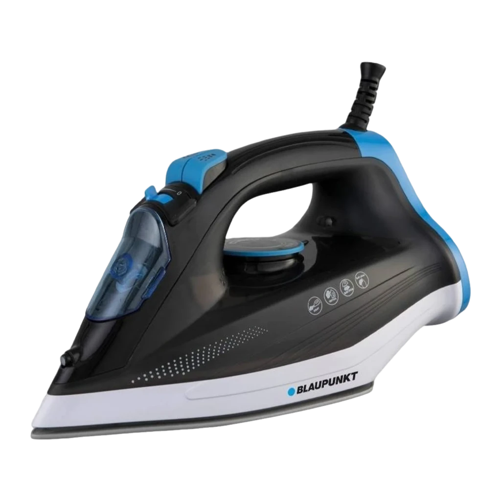 Blaupunkt plancha vapor 2600W suela cerámica 320ml negra, vista lateral: cuerpo negro con detalles azules, depósito y suela - Ítem1