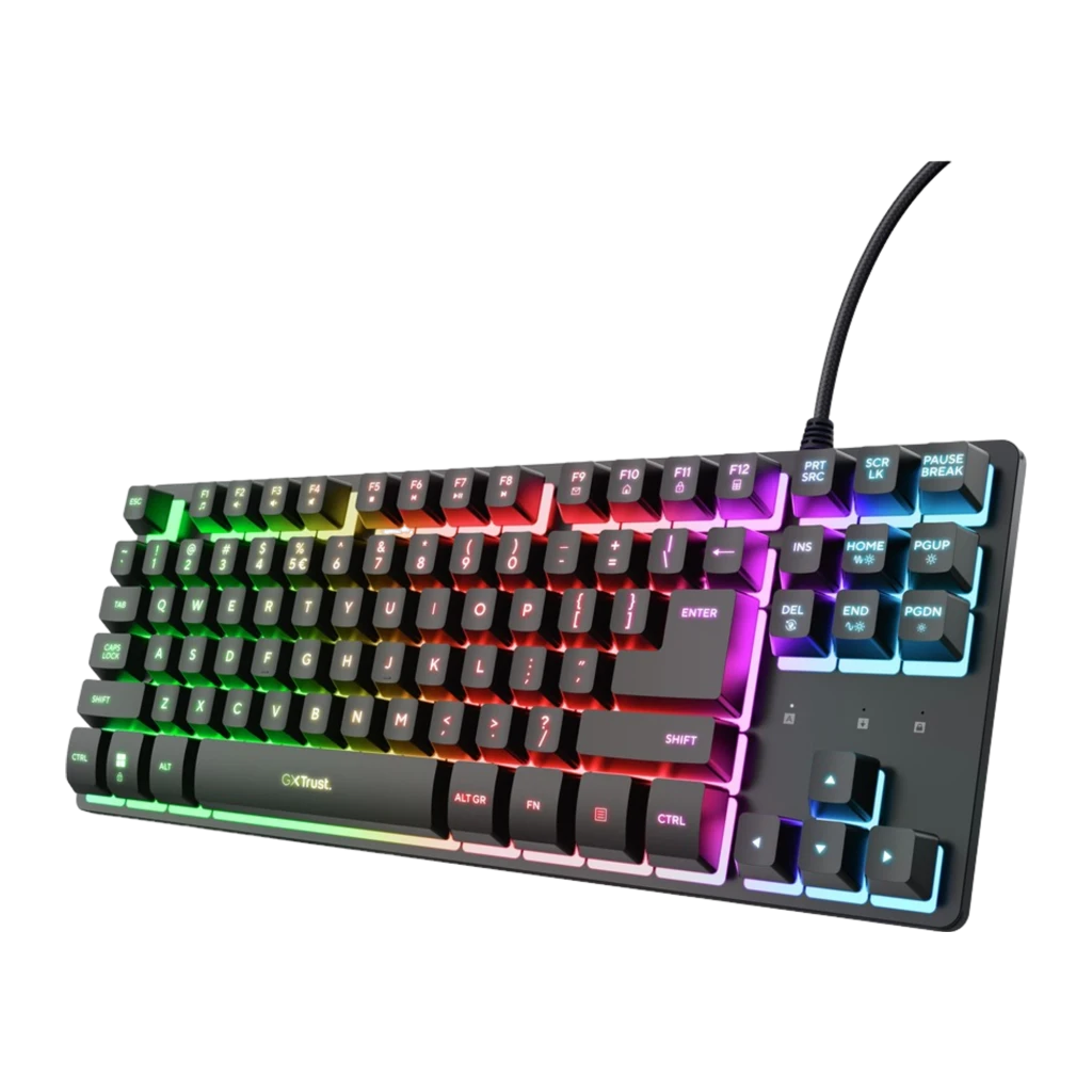 Trust GXT 833 Thado TKL Noir, vue de dessus: rétroéclairage RGB multicolore sur 87 touches et câble USB visible - Ítem1