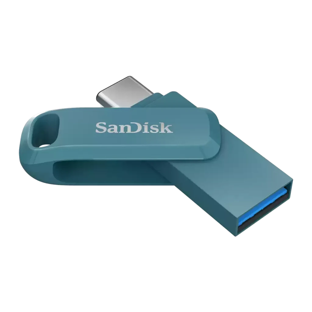 SanDisk Ultra Dual Drive Go 128GB azul, vista en ángulo: cuerpo giratorio abierto mostrando conector USB-C desplegado - Ítem1