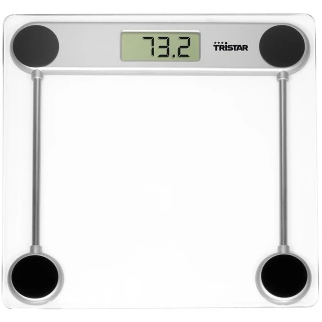 Tristar Pèse-personne WG-2421 Argent Transparent, vue de dessus: plateau en verre, écran LCD affichant 73.2 et pieds - Ítem1