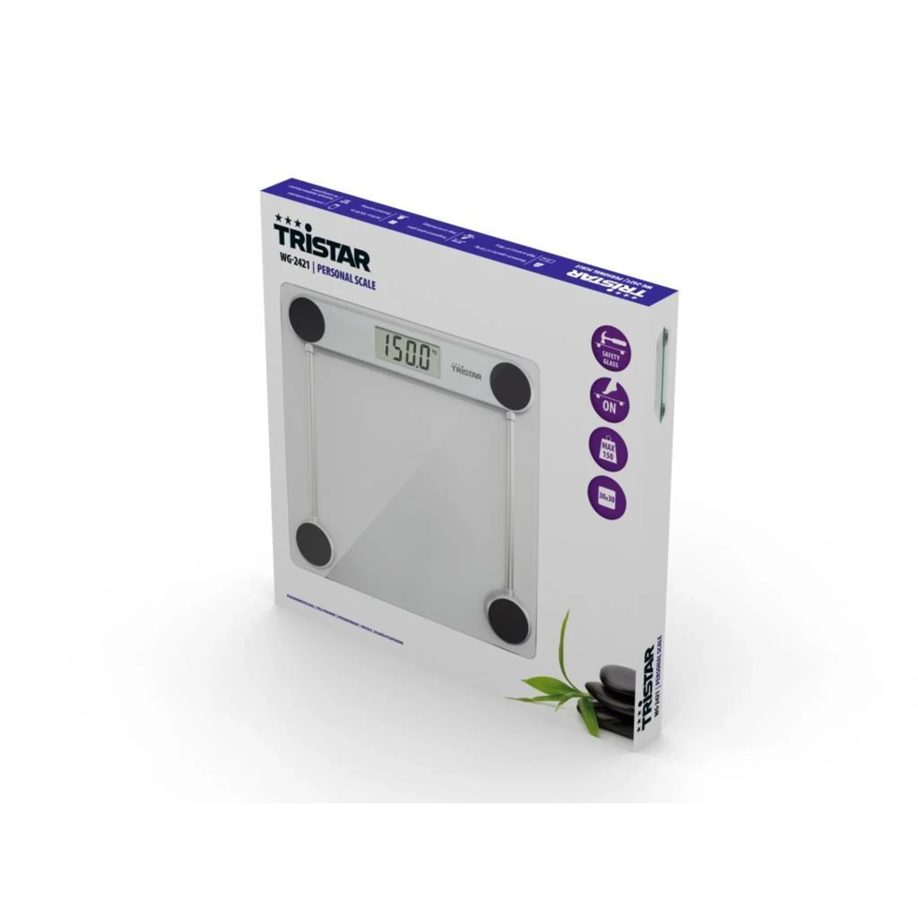 Tristar Pèse-personne WG-2421 Argent Transparent, vue de dessus: plateau en verre, écran LCD affichant 73.2 et pieds - Ítem5