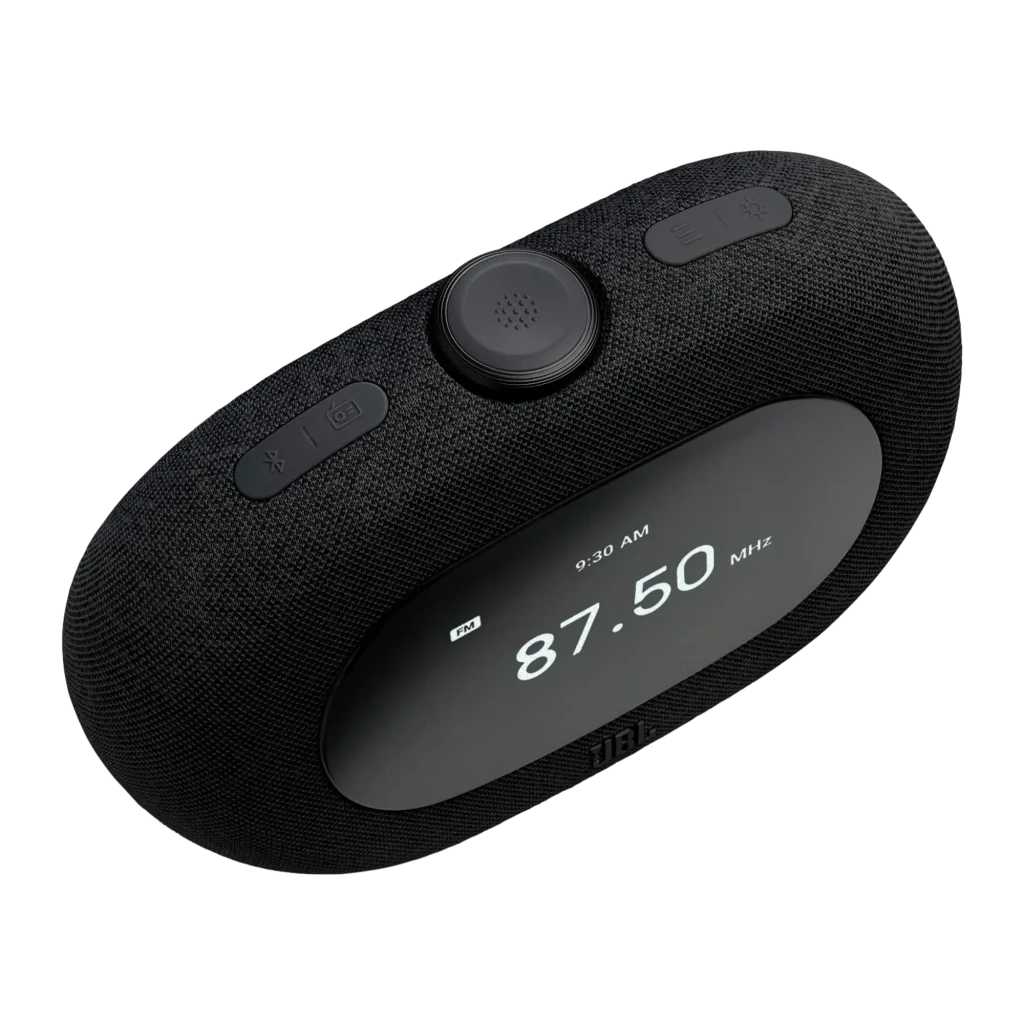 JBL Horizon 3 preto, vista frontal em ângulo: ecrã com alarme 7:30 AM, tecido e botão superior - Item1
