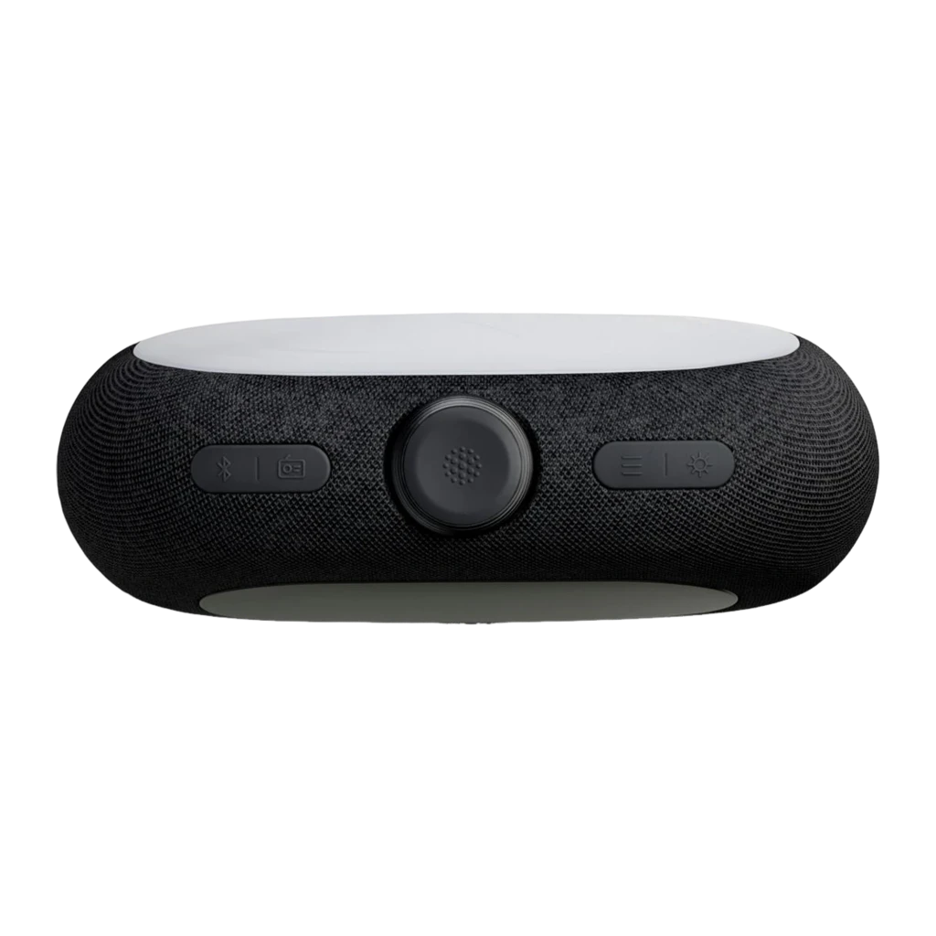 JBL Horizon 3 preto, vista frontal em ângulo: ecrã com alarme 7:30 AM, tecido e botão superior - Item4