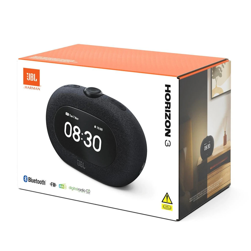 JBL Horizon 3 preto, vista frontal em ângulo: ecrã com alarme 7:30 AM, tecido e botão superior - Item6