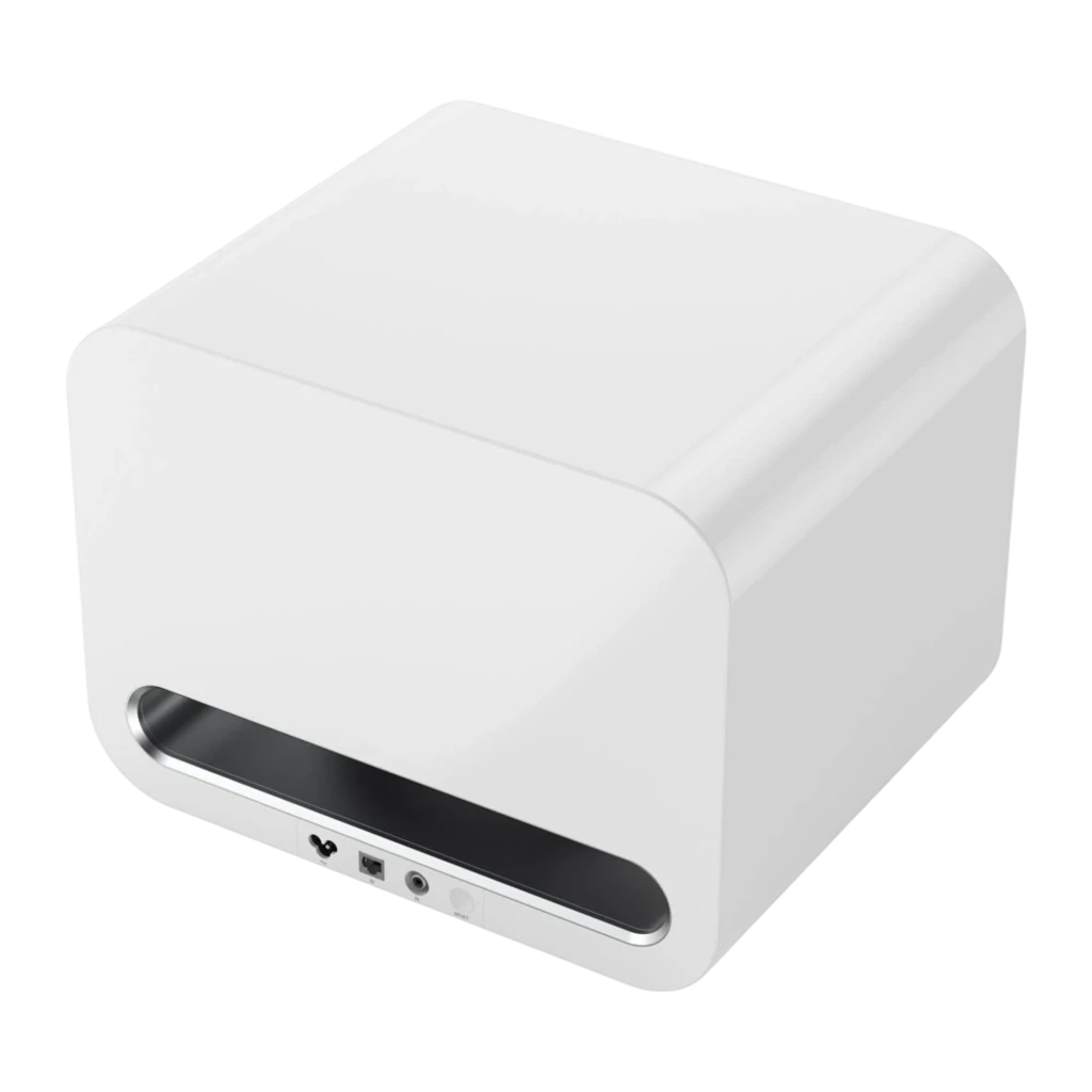 WiiM Sub Pro caisson de basses actif blanc, vue avant: logo WiiM, fente de port reflex horizontale et pieds - Ítem1