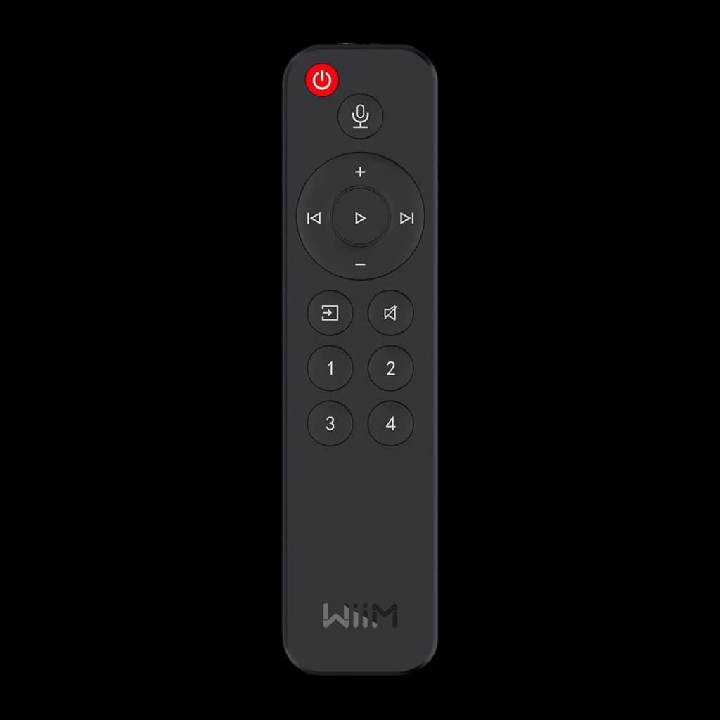 Wiim Télécommande vocale LPWIR noir, vue de face: bouton d'alimentation rouge, microphone et commandes de lecture