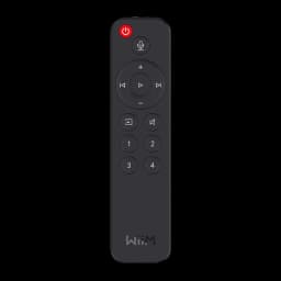 Wiim Télécommande vocale LPWIR noir, vue de face: bouton d'alimentation rouge, microphone et commandes de lecture