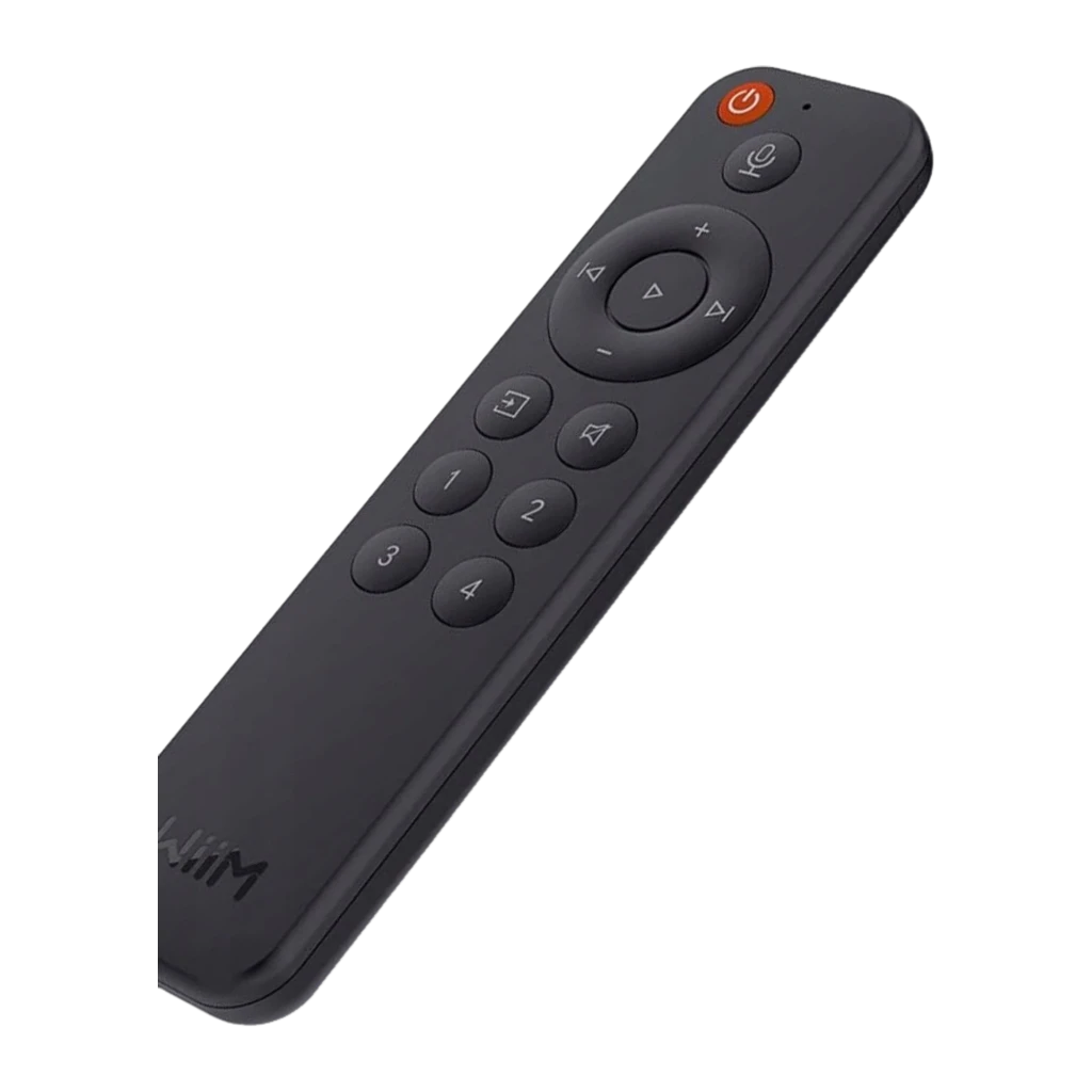 Wiim Mando a distancia por voz LPWIR negro, vista frontal: botón de encendido rojo, micrófono y controles de reproducción - Ítem2