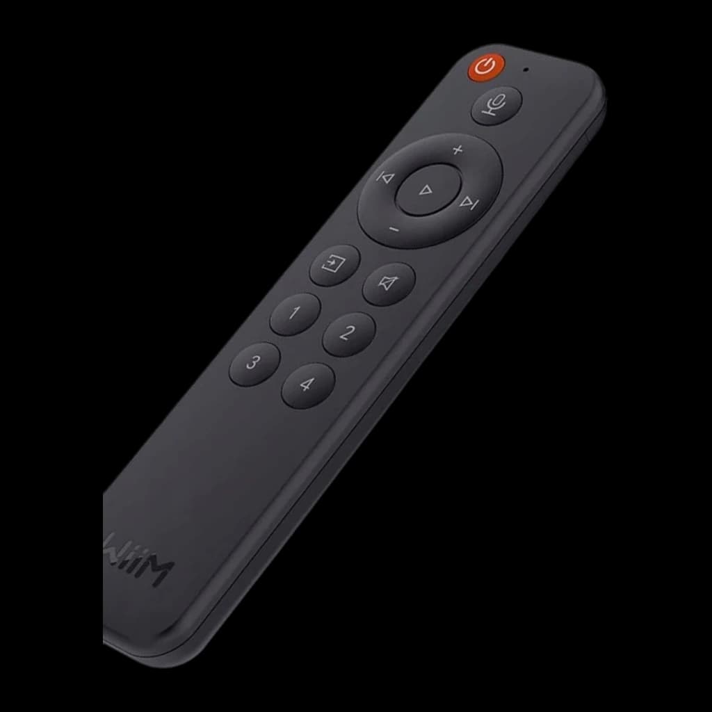 Wiim Télécommande vocale LPWIR noir, vue en perspective verticale: partie supérieure avec bouton orange et microphone au