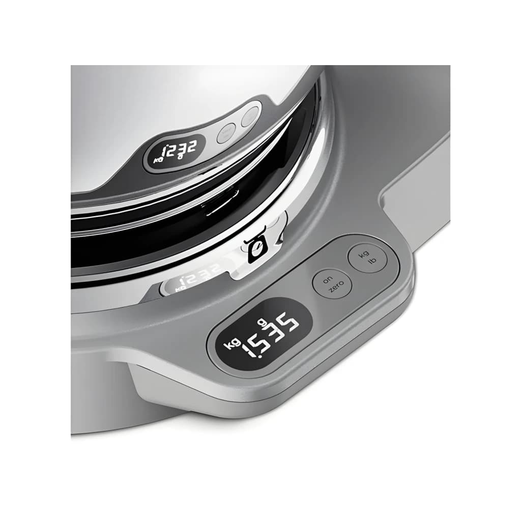 Kenwood KVC85.004SI Argent, détail latéral: écran numérique de balance intégrée avec boutons on/zero et kg/lb