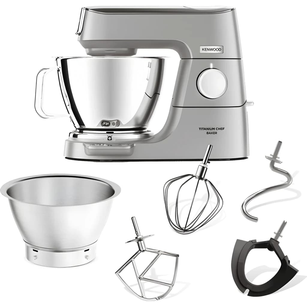 Kenwood KVC85.004SI Argent, vue accessoires: robot avec bol, fouet, crochet, palette et adaptateur noir