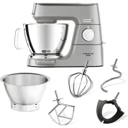 Kenwood KVC85.004SI Argent, vue accessoires: robot avec bol, fouet, crochet, palette et adaptateur noir