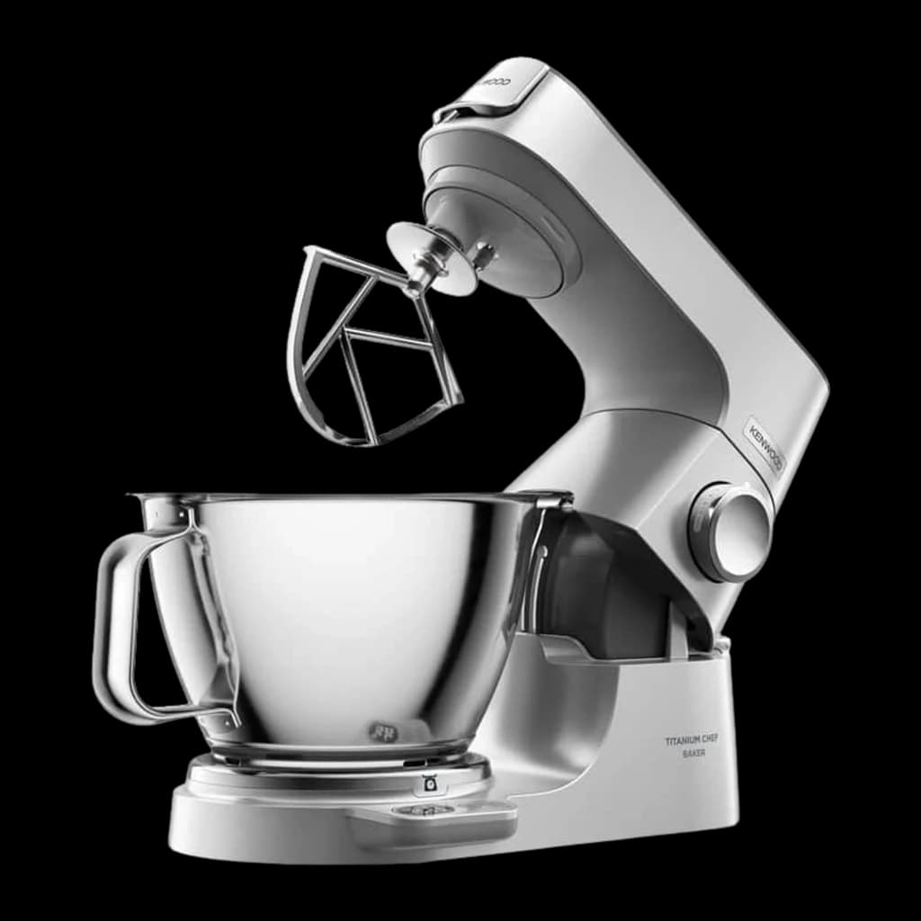 Kenwood KVC85.004SI argent, vue latérale: robot pâtissier avec tête relevée et fouet dans le bol en acier inox