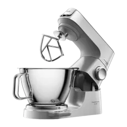 Kenwood KVC85.004SI argent, vue latérale: robot pâtissier avec tête relevée et fouet dans le bol en acier inox