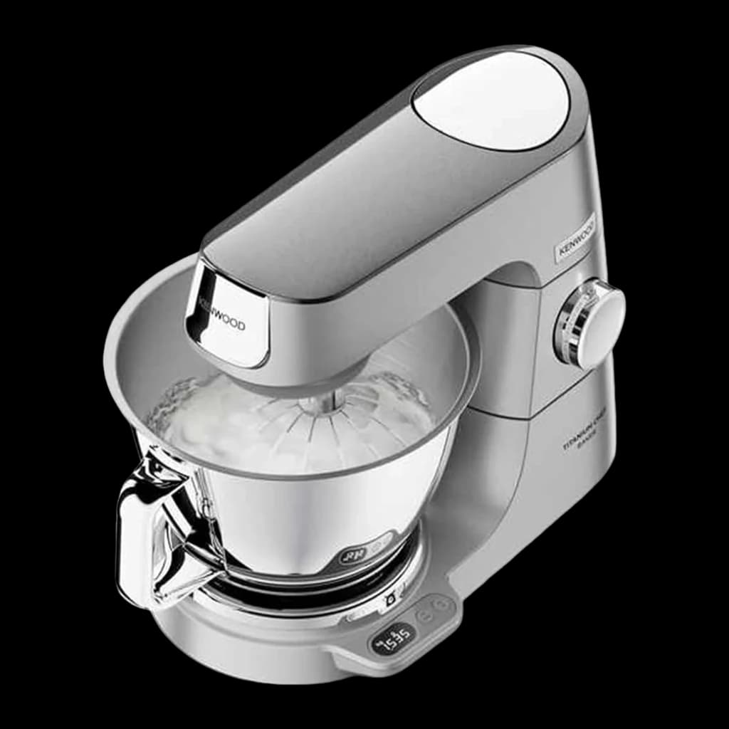 Kenwood KVC85.004SI argent, vue plongeante: robot pétrissant dans un bol transparent avec écran digital et molette