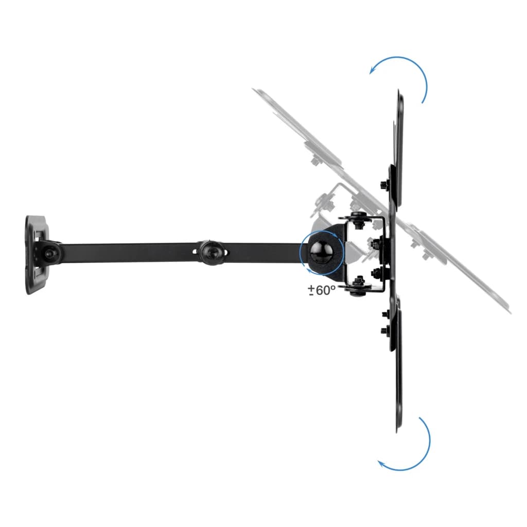 TooQ Soporte pared LP1344TN-B 13-43" negro, vista lateral: brazo extendido con rotación ±60° y flechas de giro