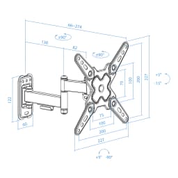 TooQ Soporte pared LP1344TN-B 13-43" negro, diagrama técnico: cotas en mm, ángulos giro ±90° e inclinación +5°/-15°