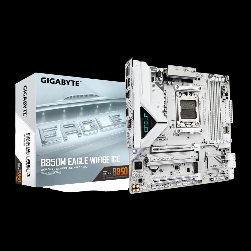 Gigabyte B850M Eagle WiFi 6E Ice AM5 Branco, produto e caixa: placa-mãe branca com socket AM5 ao lado da embalagem
