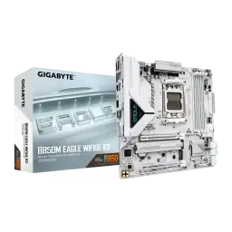 Gigabyte B850M Eagle WiFi 6E Ice AM5 Branco, produto e caixa: placa-mãe branca com socket AM5 ao lado da embalagem