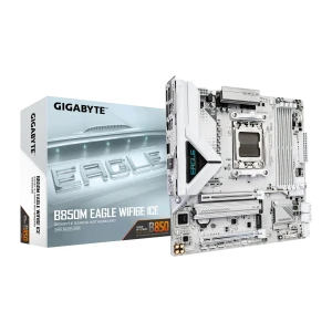 Gigabyte B850M Eagle WiFi 6E Ice AM5 Branco, produto e caixa: placa-mãe branca com socket AM5 ao lado da embalagem