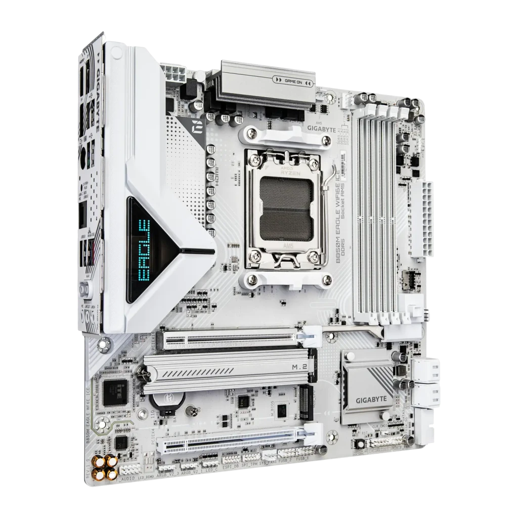 Gigabyte B850M Eagle WiFi 6E Ice AM5 Branco, produto e caixa: placa-mãe branca com socket AM5 ao lado da embalagem - Item2