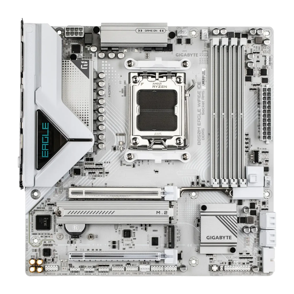 Gigabyte B850M Eagle WiFi 6E Ice AM5 Branco, produto e caixa: placa-mãe branca com socket AM5 ao lado da embalagem - Item1