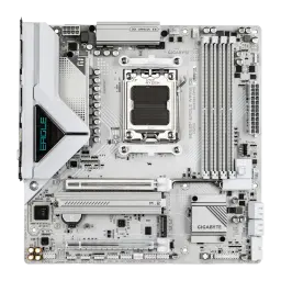 Gigabyte B850M Eagle WiFi 6E Ice AM5 256GB Branco, vista superior: socket AM5, slots DDR5, slot M.2 e logo Eagle iluminado