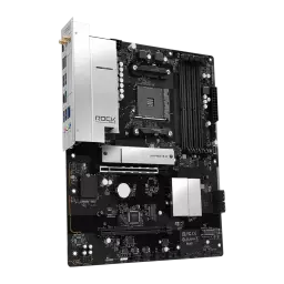 ASRock B550 Rock WiFi 128GB, vista en ángulo: perspectiva lateral que muestra el panel I/O plateado, socket AM4 y cubierta