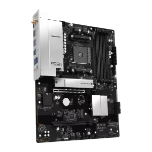 ASRock B550 Rock WiFi 128GB, vista em ângulo: perspectiva lateral com escudo I/O prateado, socket AM4 e tampa Hyper M.2