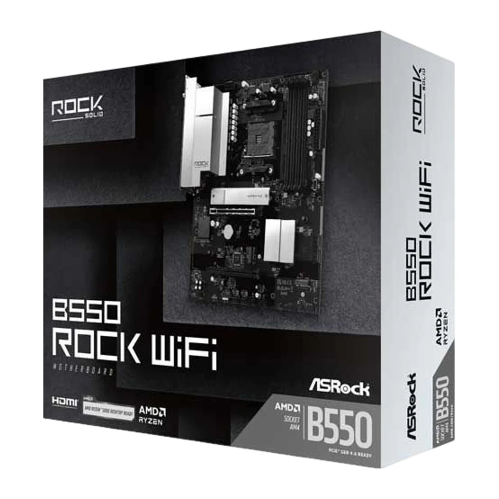 ASRock B550 Rock WiFi 128GB, vista em ângulo: perspectiva lateral com escudo I/O prateado, socket AM4 e tampa Hyper M.2 - Item4