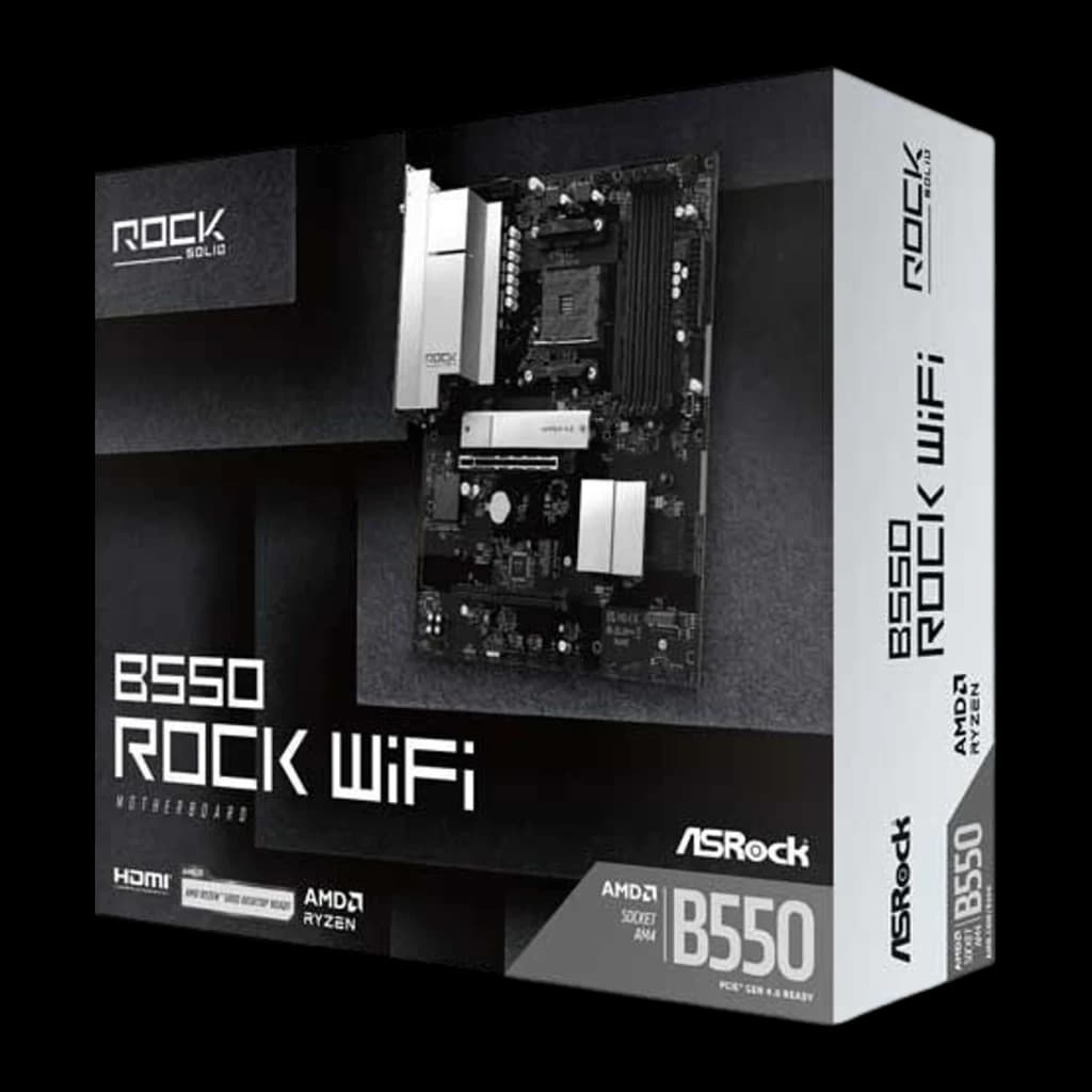 ASRock B550 Rock WiFi 128GB, caja del producto: packaging gris oscuro con imagen de la placa y logotipos AMD Ryzen y B550