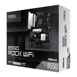 ASRock B550 Rock WiFi 128GB, caja del producto: packaging gris oscuro con imagen de la placa y logotipos AMD Ryzen y B550