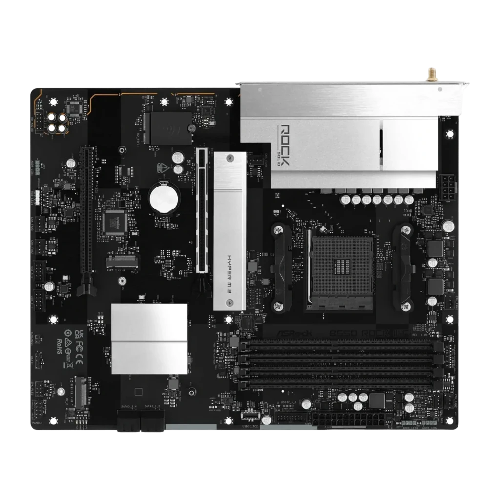 ASRock B550 Rock WiFi 128GB, vista em ângulo: perspectiva lateral com escudo I/O prateado, socket AM4 e tampa Hyper M.2 - Item1