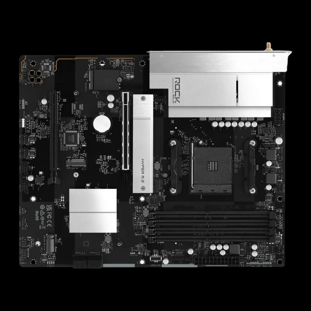 ASRock B550 Rock WiFi 128GB, vista frontal: PCB negro con disipadores plateados, socket AM4, ranura Hyper M.2 y slots PCIe