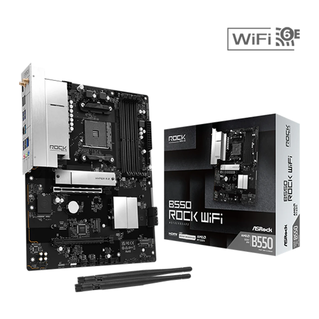 ASRock B550 Rock WiFi 128GB, vista em ângulo: perspectiva lateral com escudo I/O prateado, socket AM4 e tampa Hyper M.2 - Item3