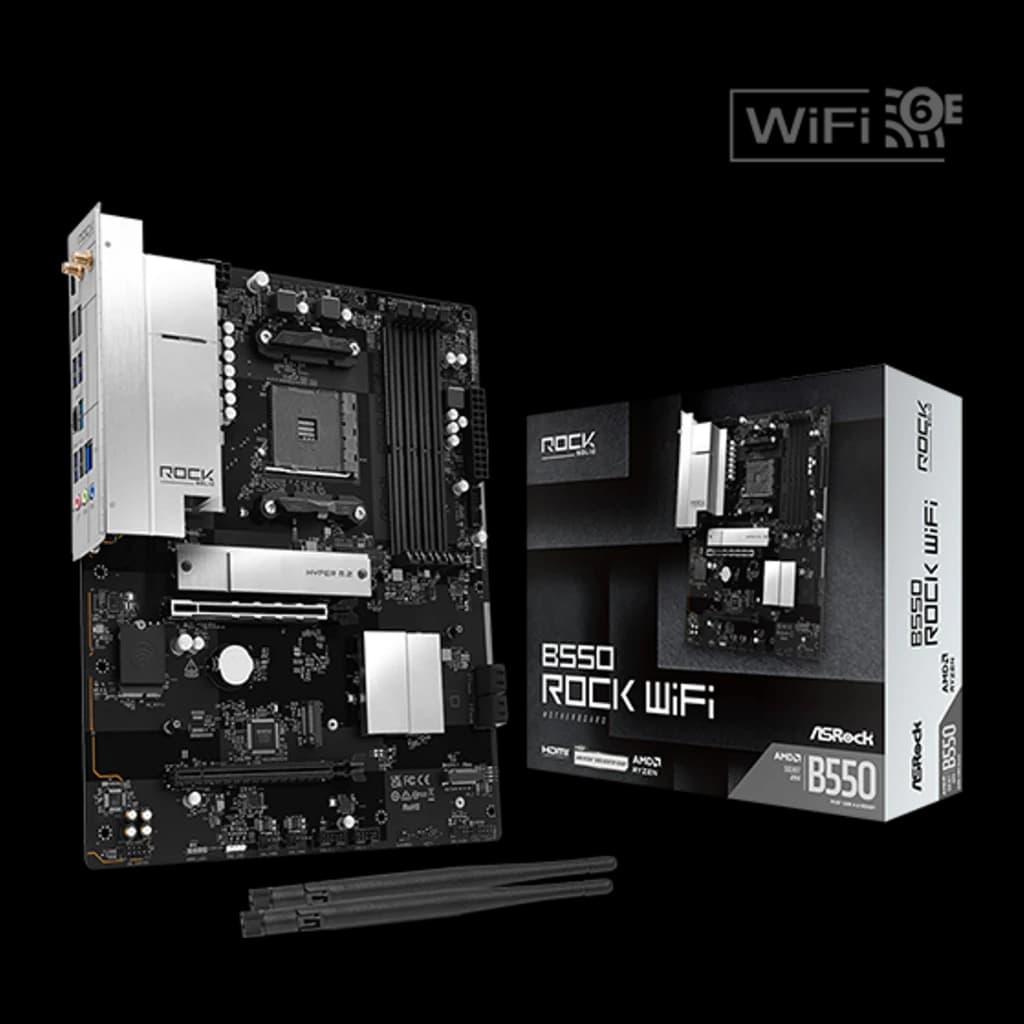 ASRock B550 Rock WiFi 128GB, vista secundaria: placa base en ángulo con caja y antenas WiFi 6E incluidas